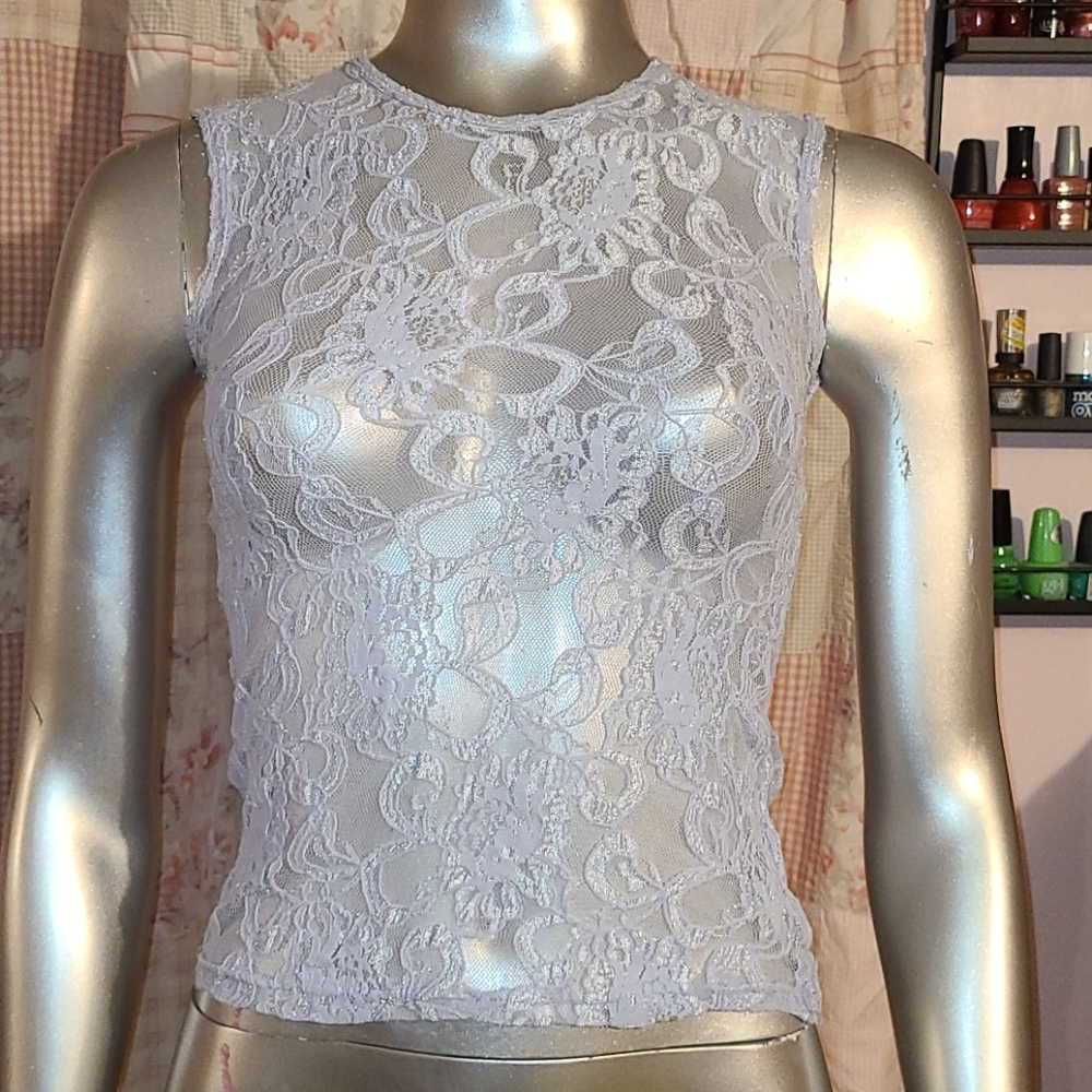 Rag Retro lilac light purple lace top shirt blouse y2k 90s vtg sheer sleeveless